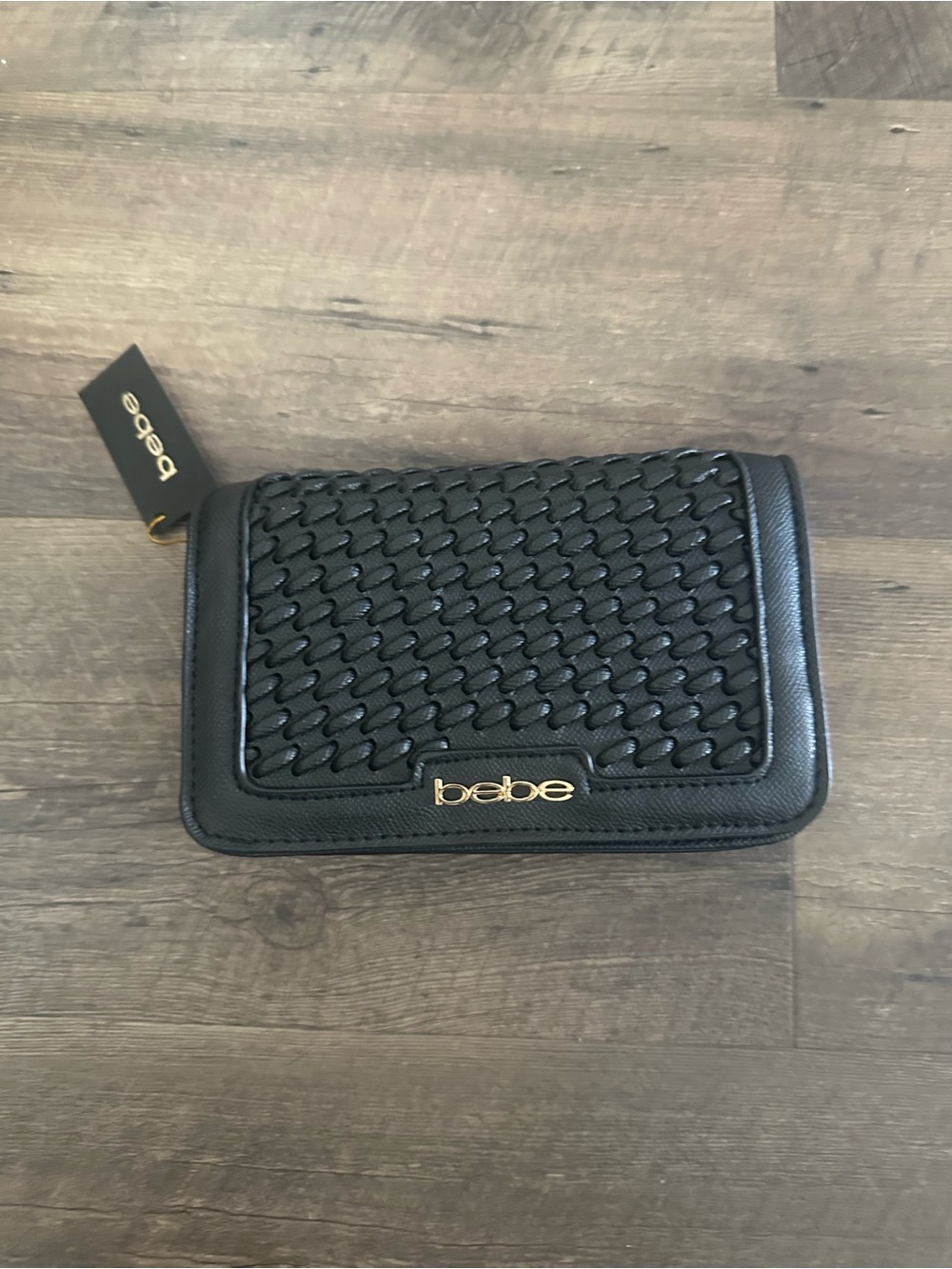 bebe katriel crossbody Black Woven Front Clutch with Gold Logo